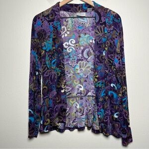 Chico's Travelers Women Cardigan Sweater Medium Purple Paisley Floral Open Front